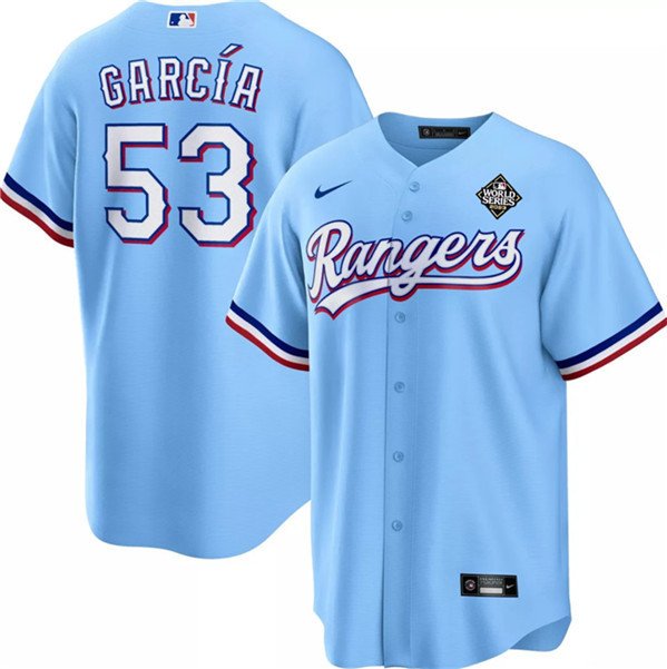 Adolis Garc?a 53 Texas Rangers 2023 World Series Stitched Baseball Jersey - Blue