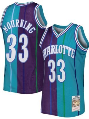 Alonzo Mourning Charlotte Hornets Mitchell & Ness Hardwood Classics 1992/93 Split Swingman Jersey - Teal/Purple